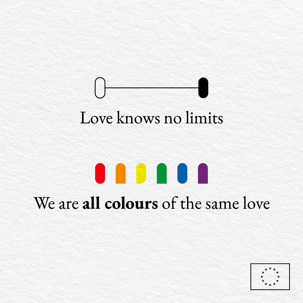 An image with a white background showing the LGBTIQ+ rainbow colours in different shapes arranged close together. A text overlay reads: 