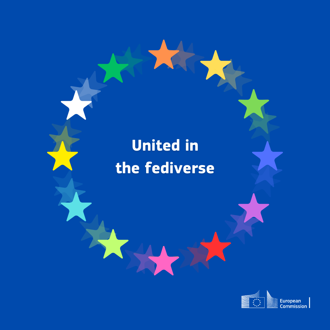 A visual showing a colourful version of the stars of the EU flag with a blurring effect that makes them feel like they are spinning. Within the circle is the text “United in the Fediverse.” At the bottom-right side of the visual is the logo of the <br />European Commission.